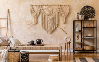 Venetian plaster accent wall in a Toronto loft, showcasing an off-white and light beige boho design.