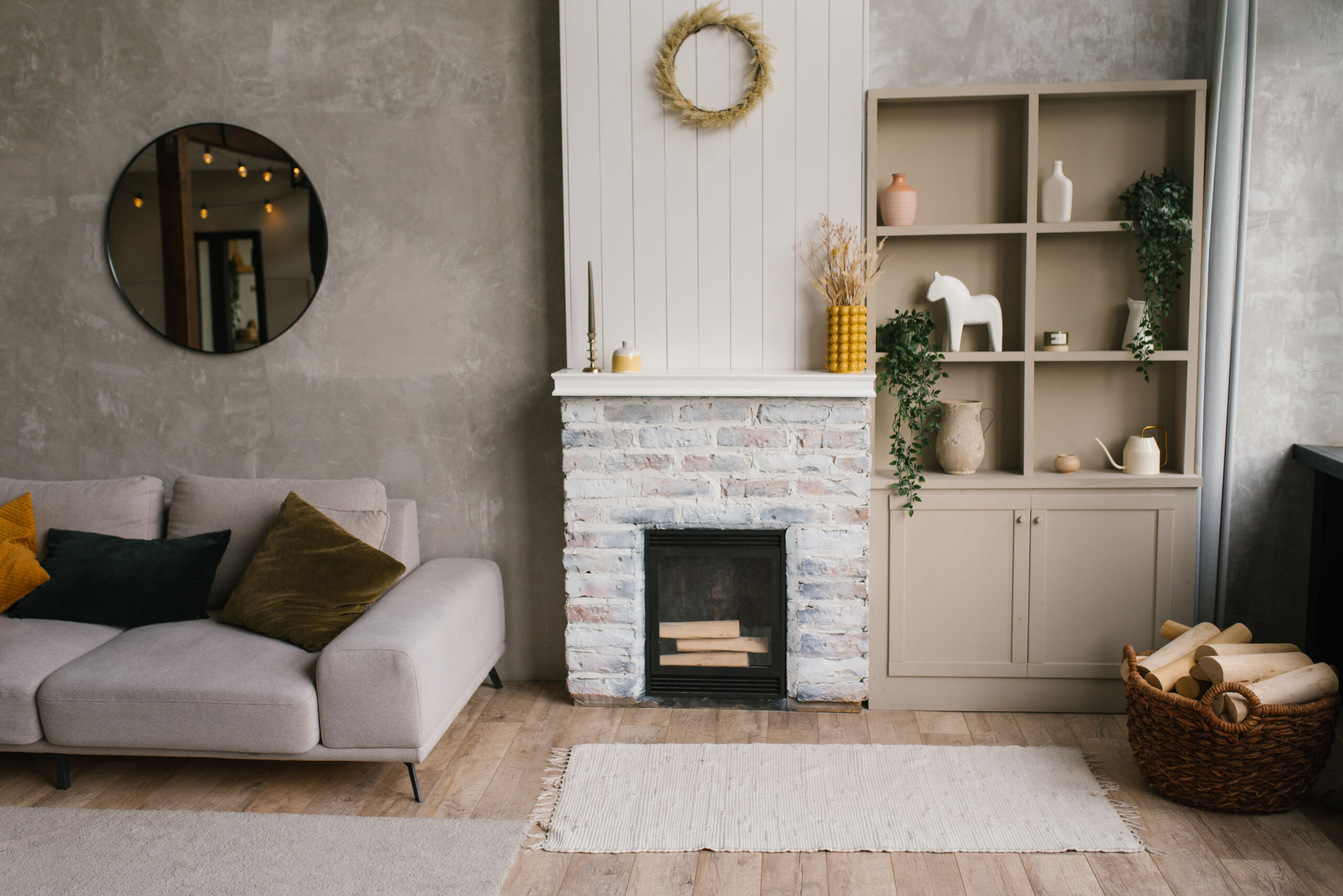 Limewash accent wall in the family room of a North York house, showcasing a soft, textured finish