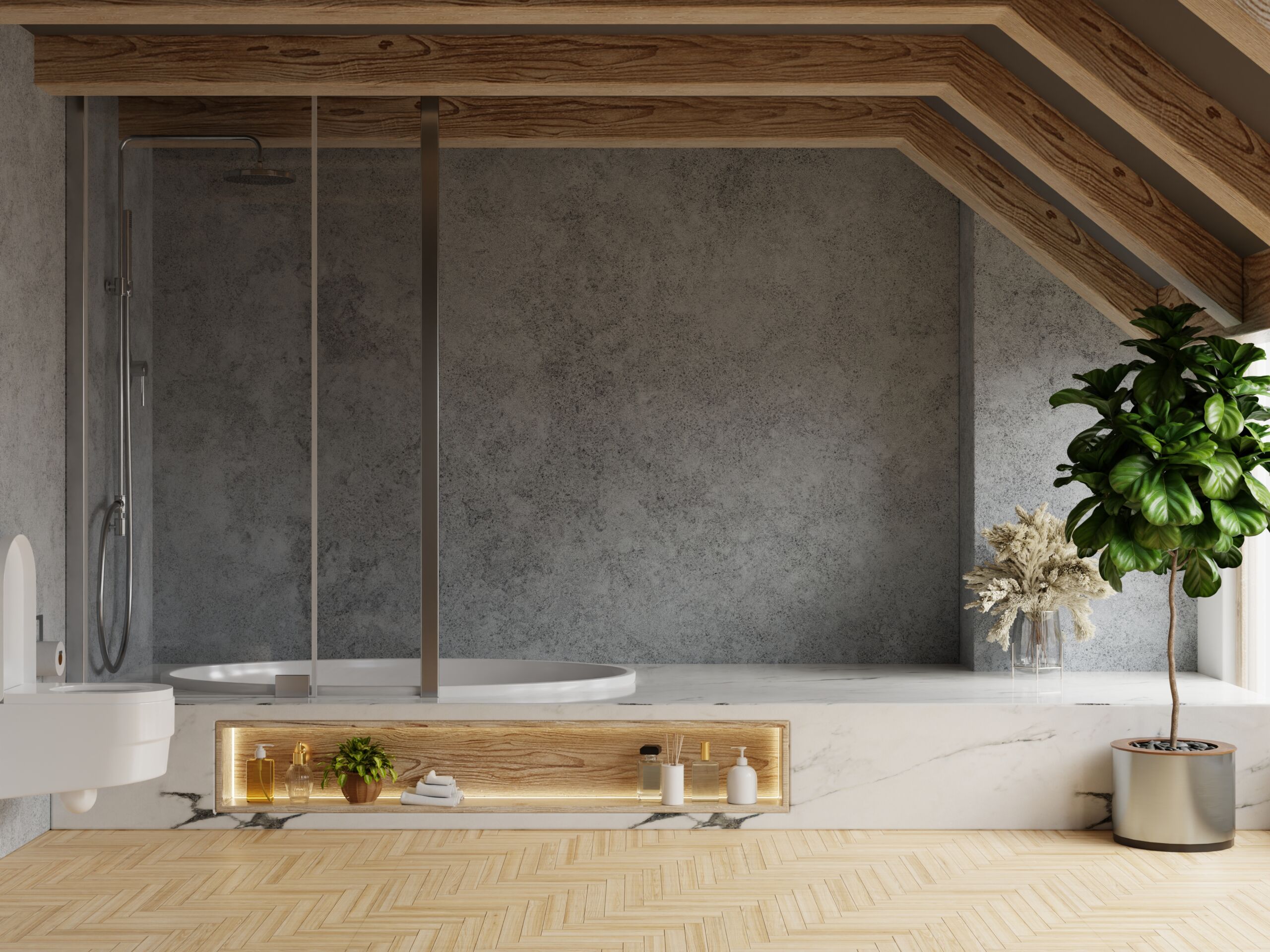 Modern loft bathroom in Toronto featuring sleek microcement walls with minimalist fixtures and a spacious, industrial-inspired design