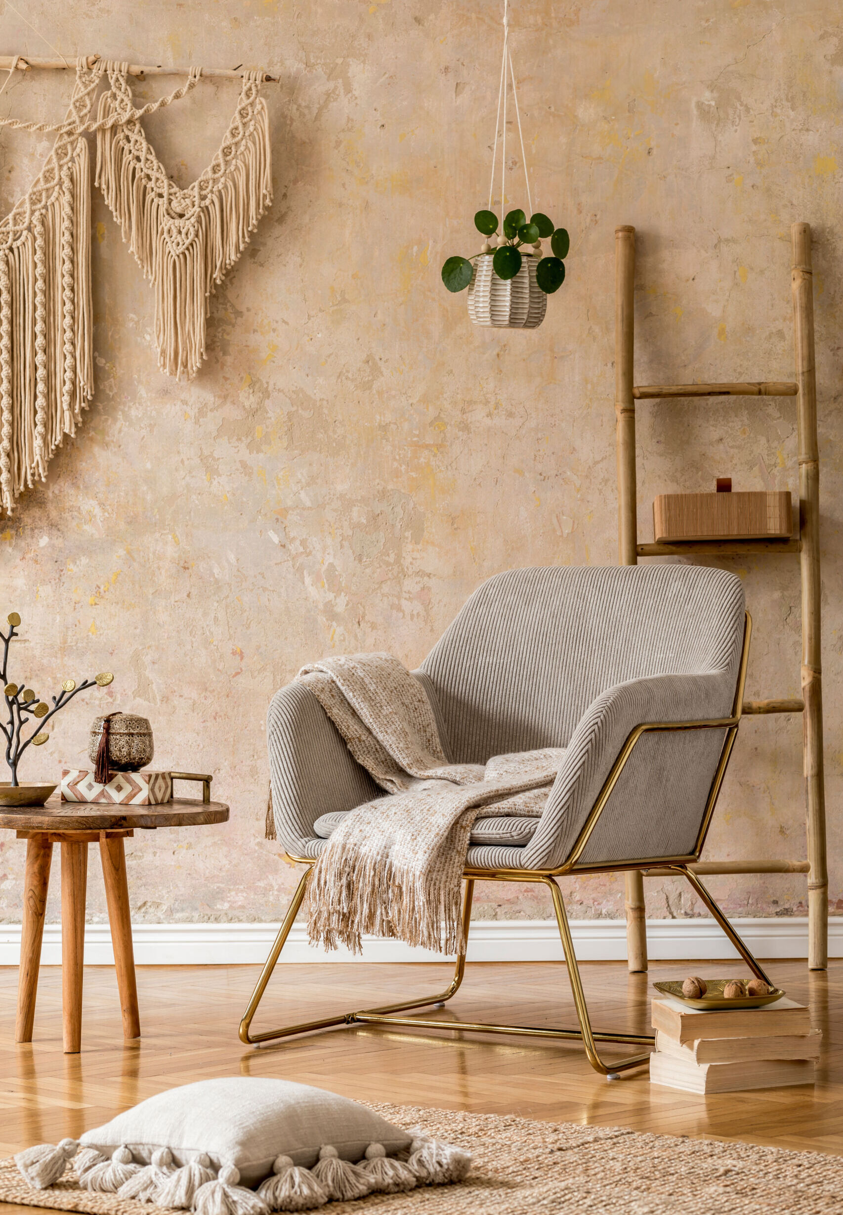 Oriental living room interior with modern Venetian plaster finish in beige and gold creating an earthy atmosphere.