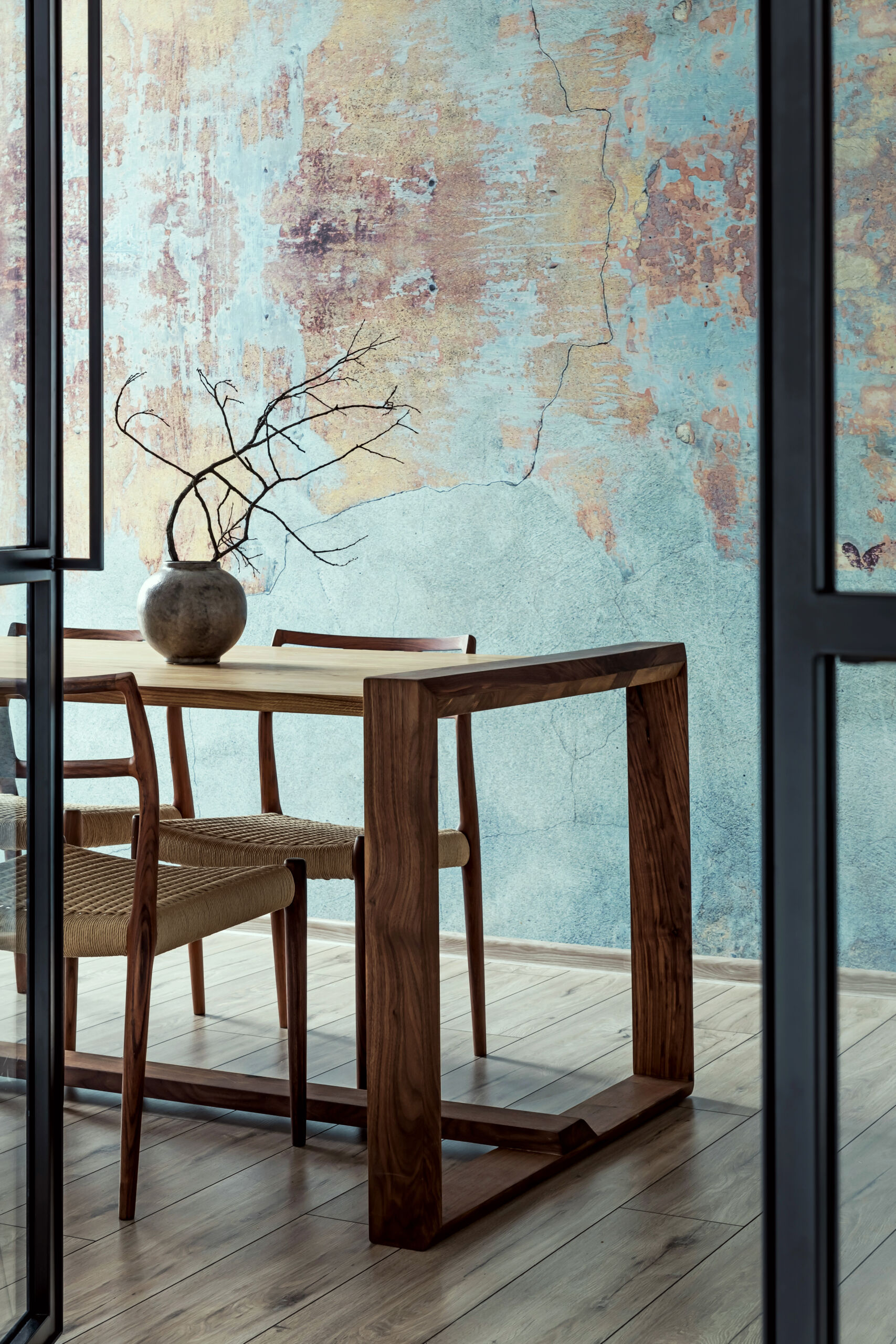 Stylish dining room in a loft apartment with Mediterranean blue limewash paint on the walls and rustic orange-beige Venetian plaster accents, adding a sophisticated touch.