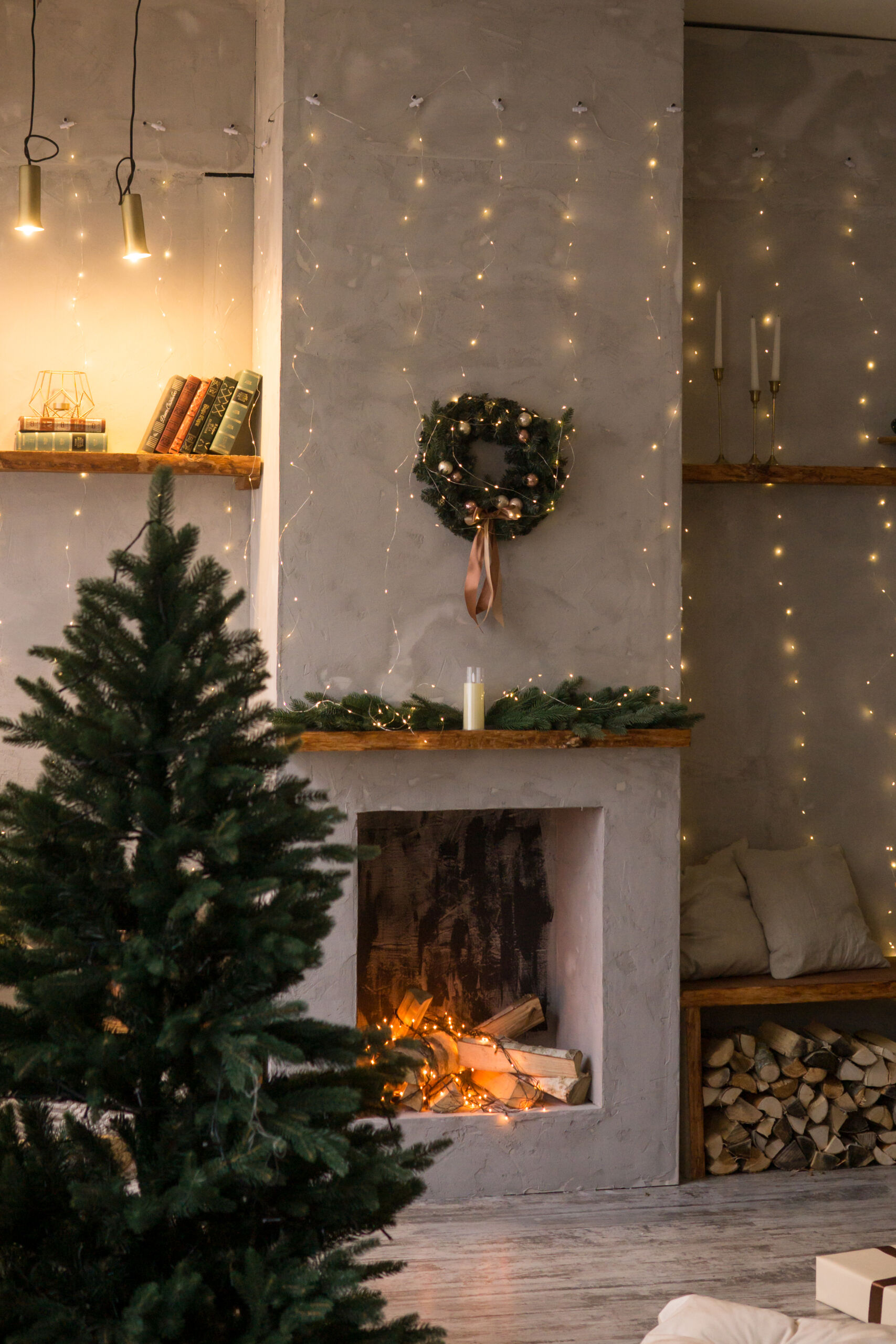 Beige-grey micro concrete fireplace wall with a smooth, modern finish