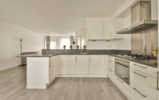 Kitchen interior with micro concrete finish on range hood and backsplash, featuring minimalist decor.