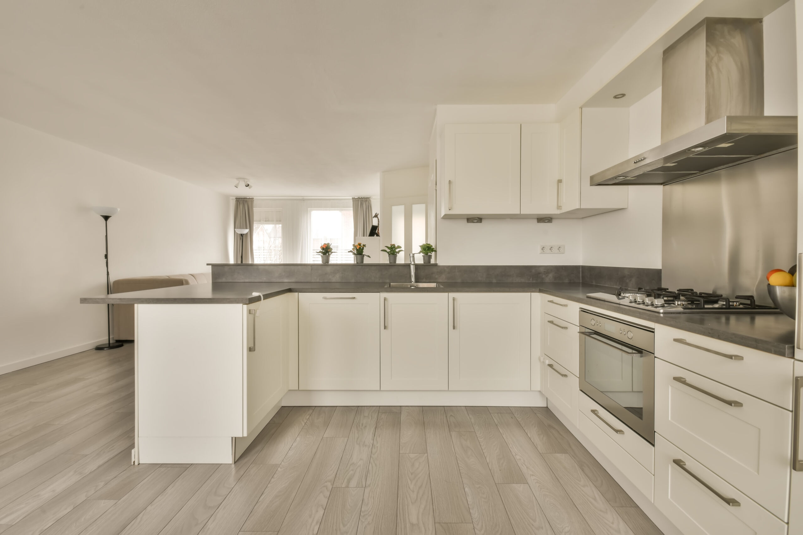 Kitchen interior with micro concrete finish on range hood and backsplash, featuring minimalist decor.