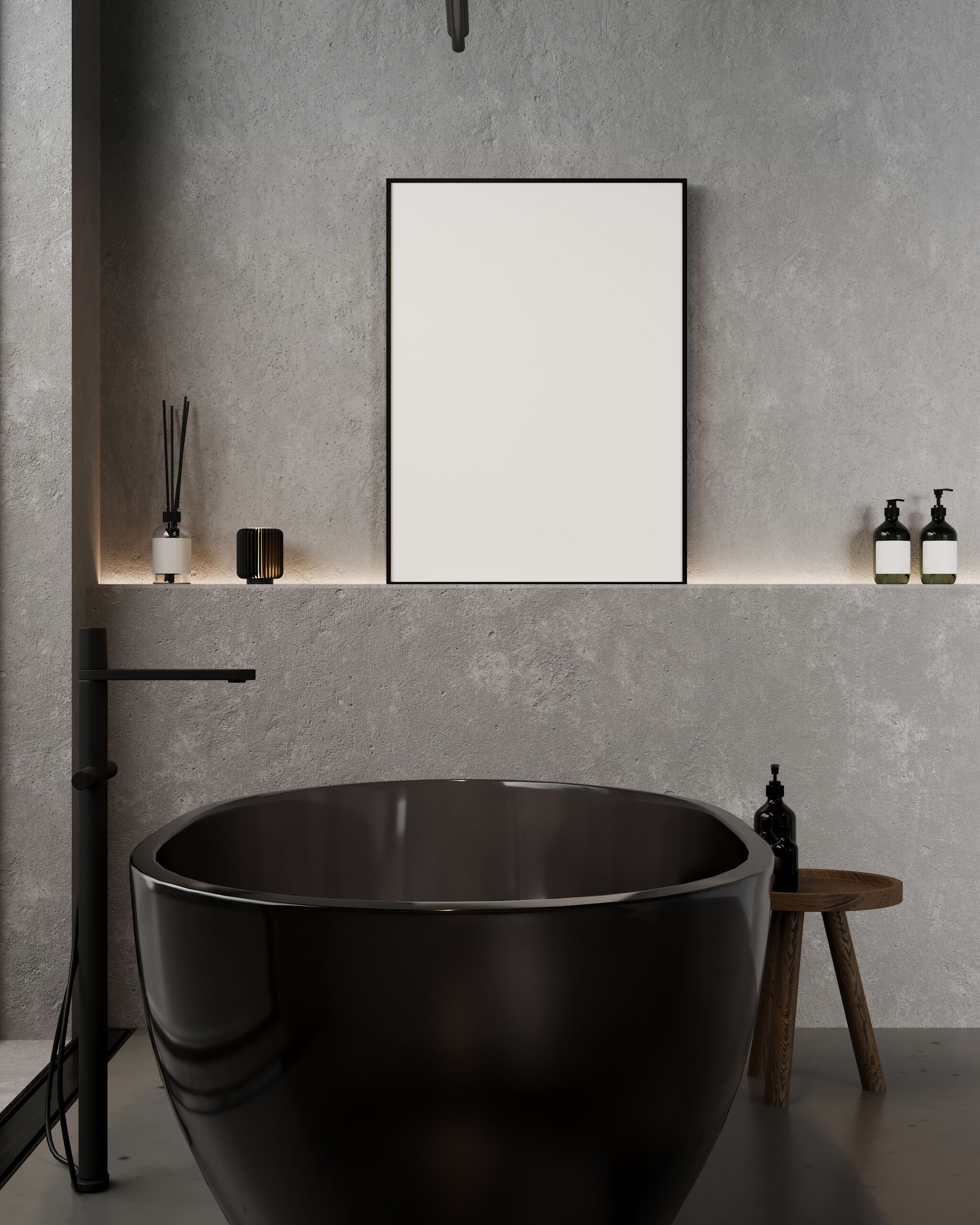 Dark gray microcement finish on a bathroom wall, creating a sleek, concrete-like interior design.