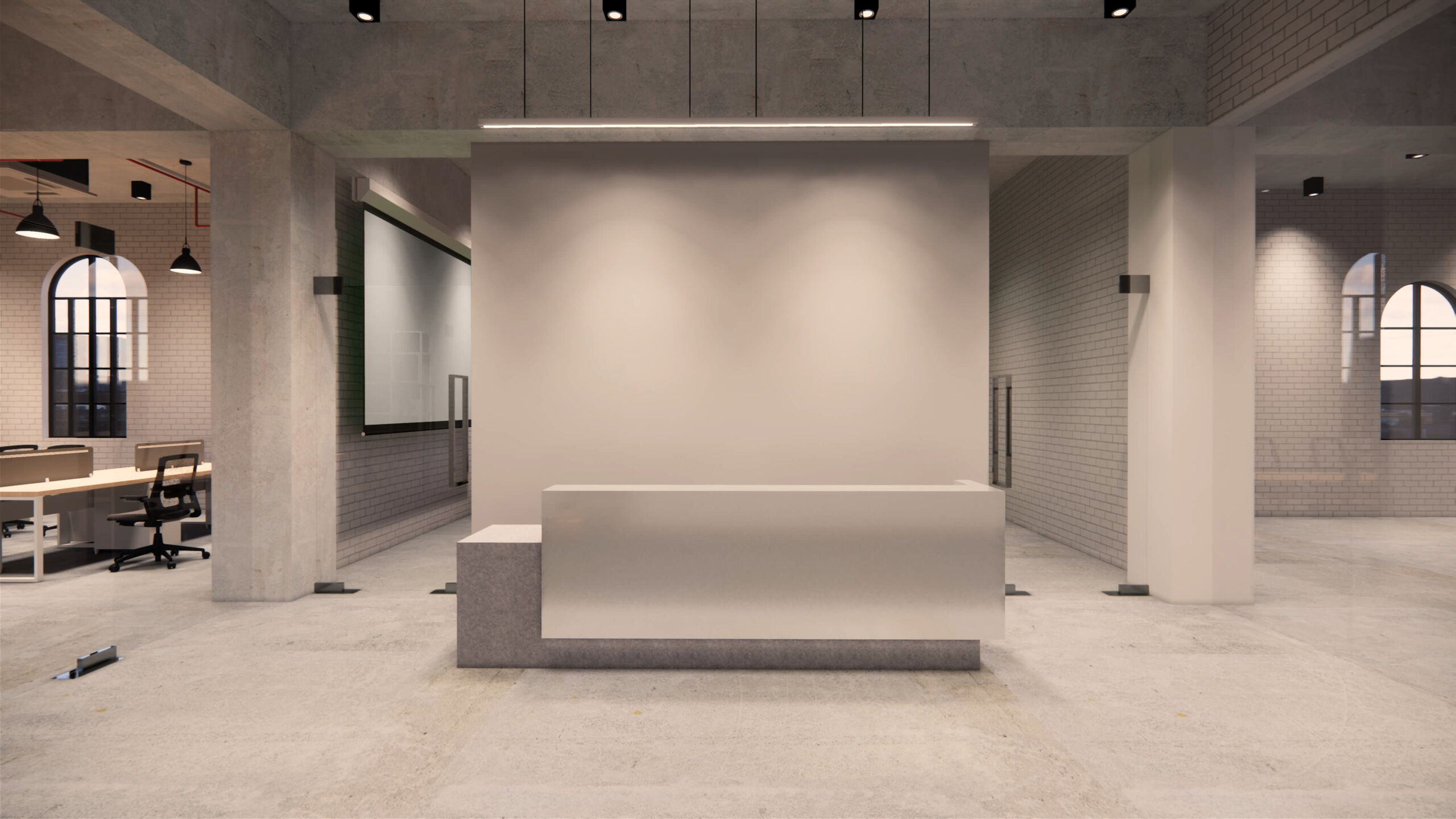 2025 office design trend featuring a microcement reception desk in a modern office interior.