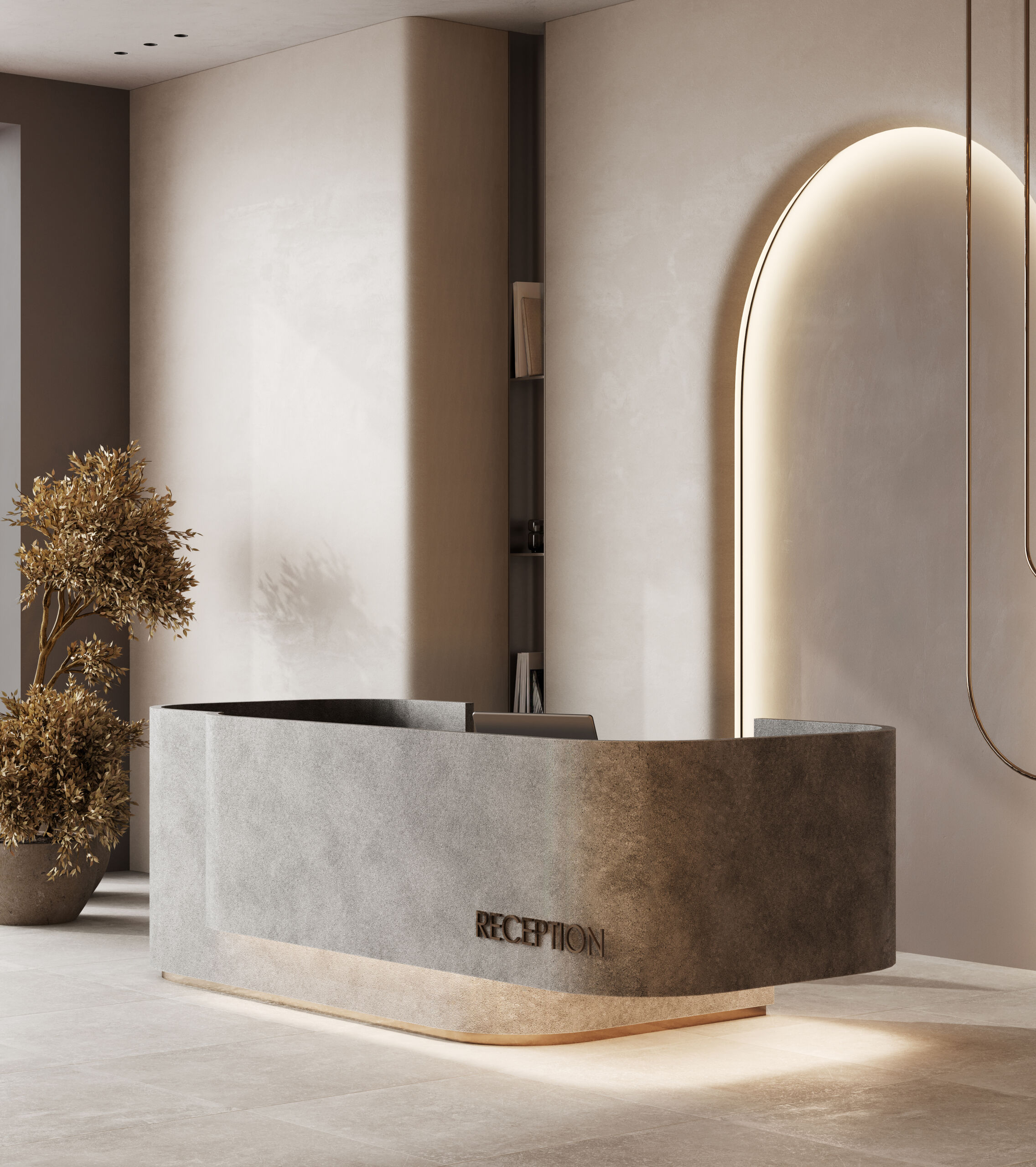 Luxury Spa Front Desk in Warm Golden Grey Microcement Finish