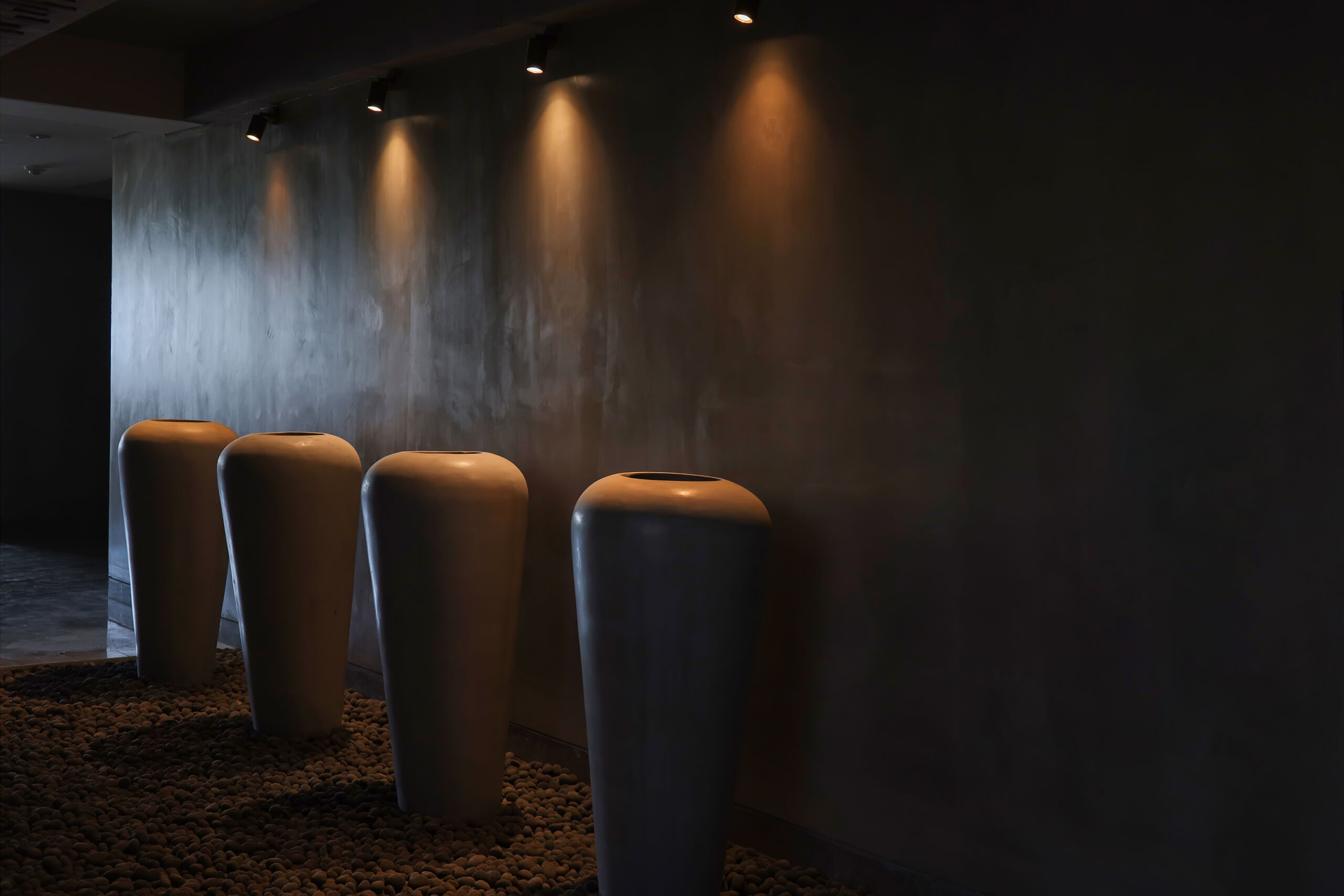 A reception hallway with walls finished in charcoal limewash, creating a bold yet sophisticated textured effect that enhances the modern, minimalist design.